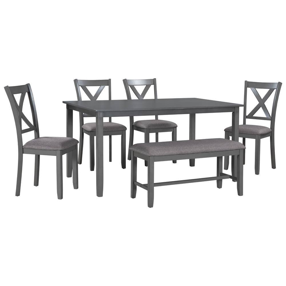 Harper & Bright Designs 6-Piece Wood Top Gray Dining Table Set with 4-Dining Chairs and 1-Bench