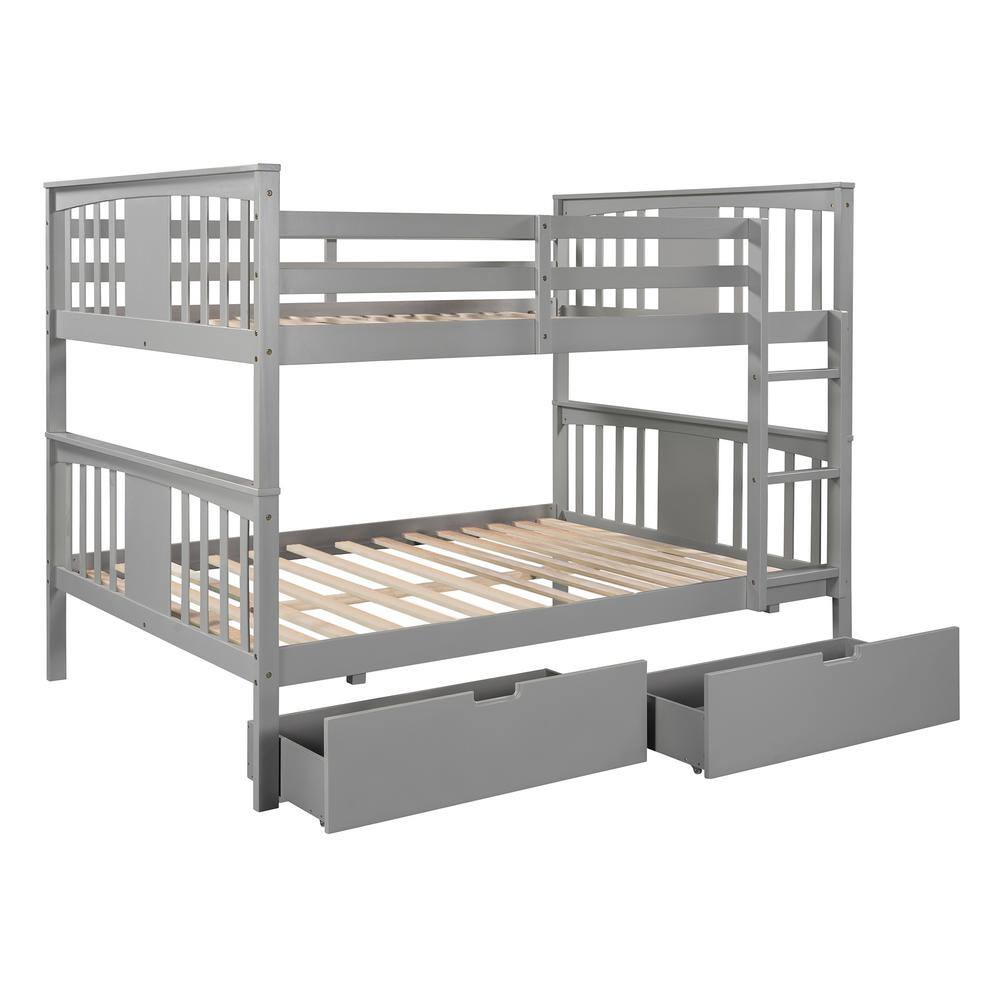 Harper & Bright Designs Gray Full Wood Bunk Bed with Drawers and Ladder
