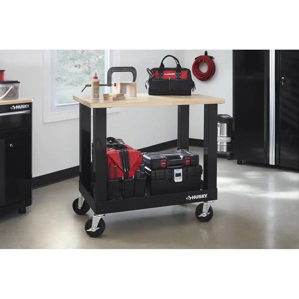 Husky Ready-To-Assemble 3 ft. Portable Solid Wood Top Workbench with Casters in Black