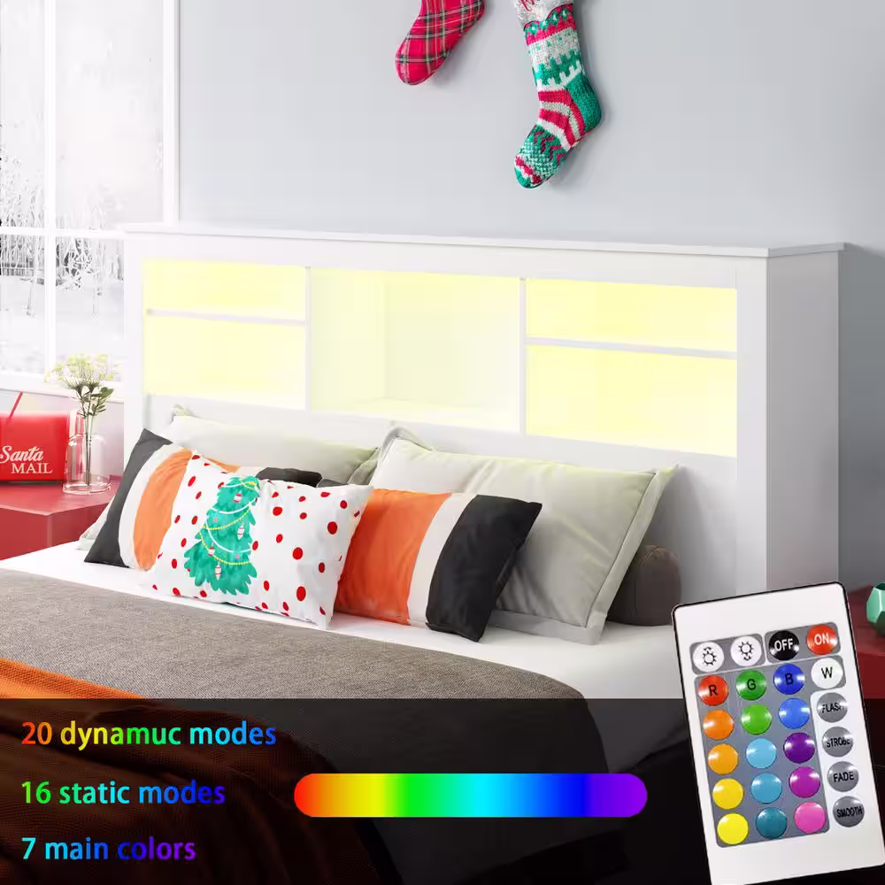 None White Full Queen Wood Headboard Shelf with Socket Adapter USB Interface, Shelves and LED Lights