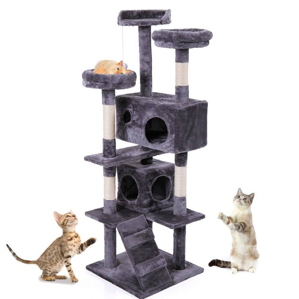 None Cat Tree Cat Tower with Scratching Ball, Plush Cushion, Ladder and Condos for Indoor Cats, Gray