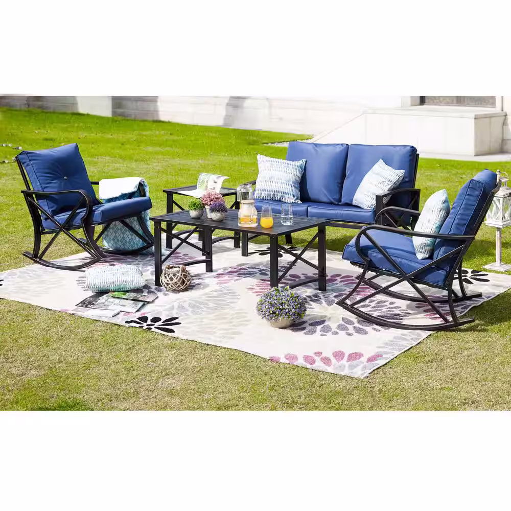 Patio Festival 5-Piece Metal Patio Conversation Set with Blue Cushions