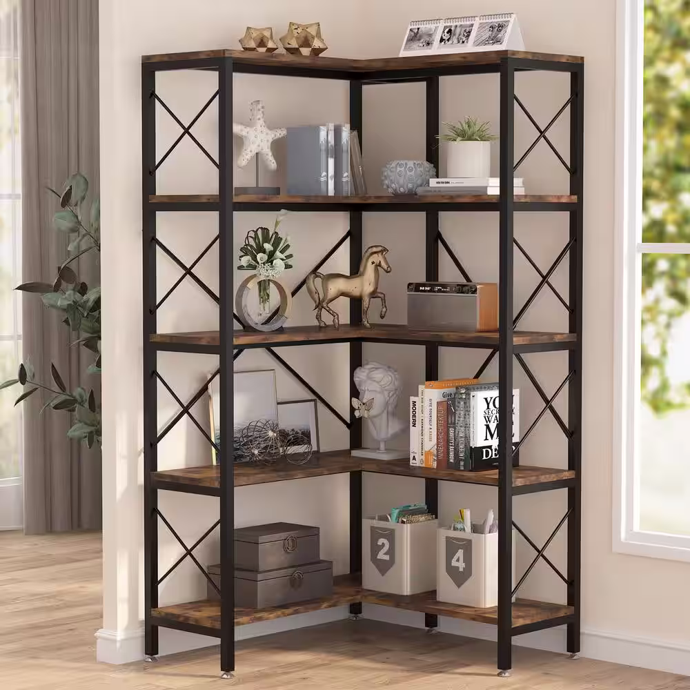 None Eulas 65.74 in. Black/Brown Engineered Wood 5-Shelf Standard Corner Bookcase with Storage Display Rack for Living Room