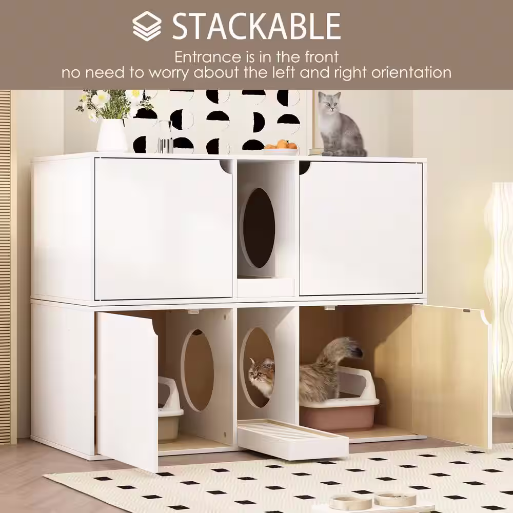 FUFU&GAGA Hidden Cat Litter Box Enclosure Furniture, Cat Washroom End Table with Double Room and Litter Catch, Log with White