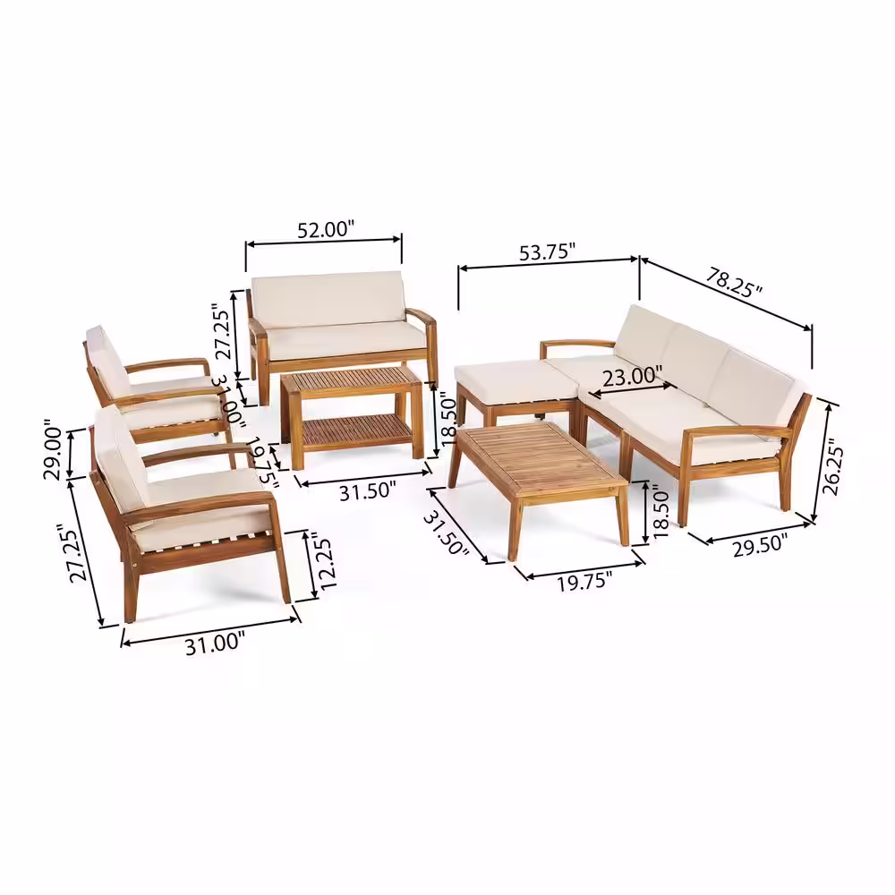 Noble House Grenada Teak Brown 9-Piece Wood Patio Conversation Sectional Seating Set with Beige Cushions