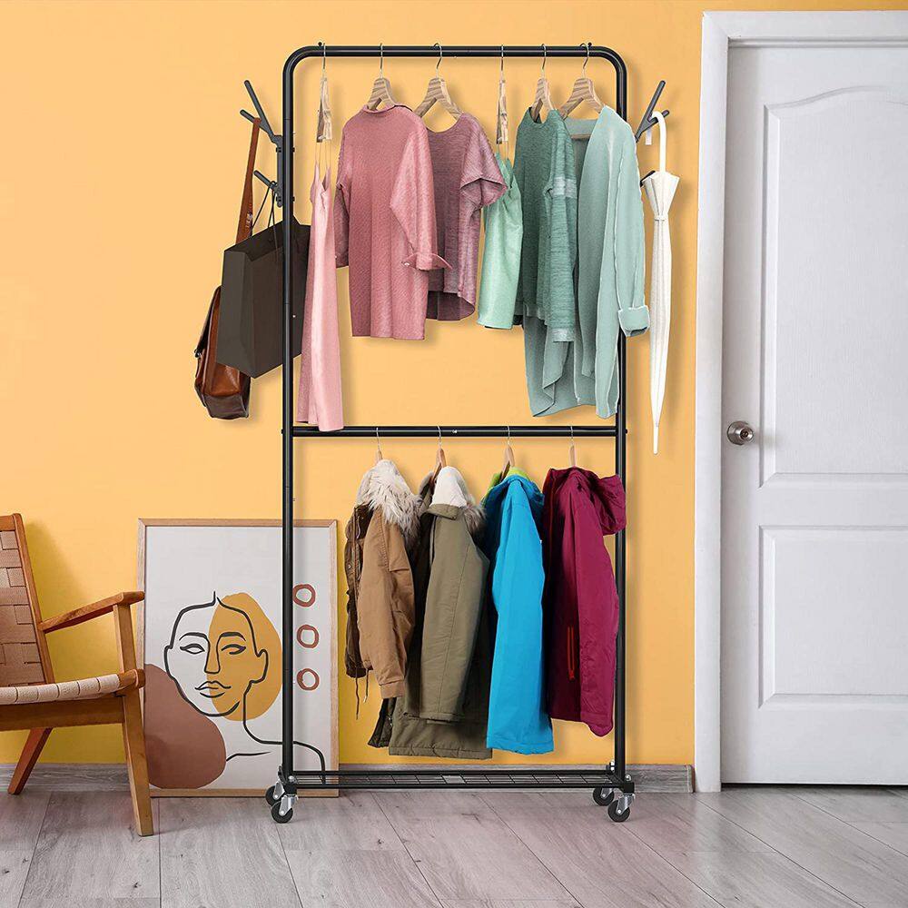 None Black Metal Garment Clothes Rack With Double Rod 39 in. W x 71 in. H