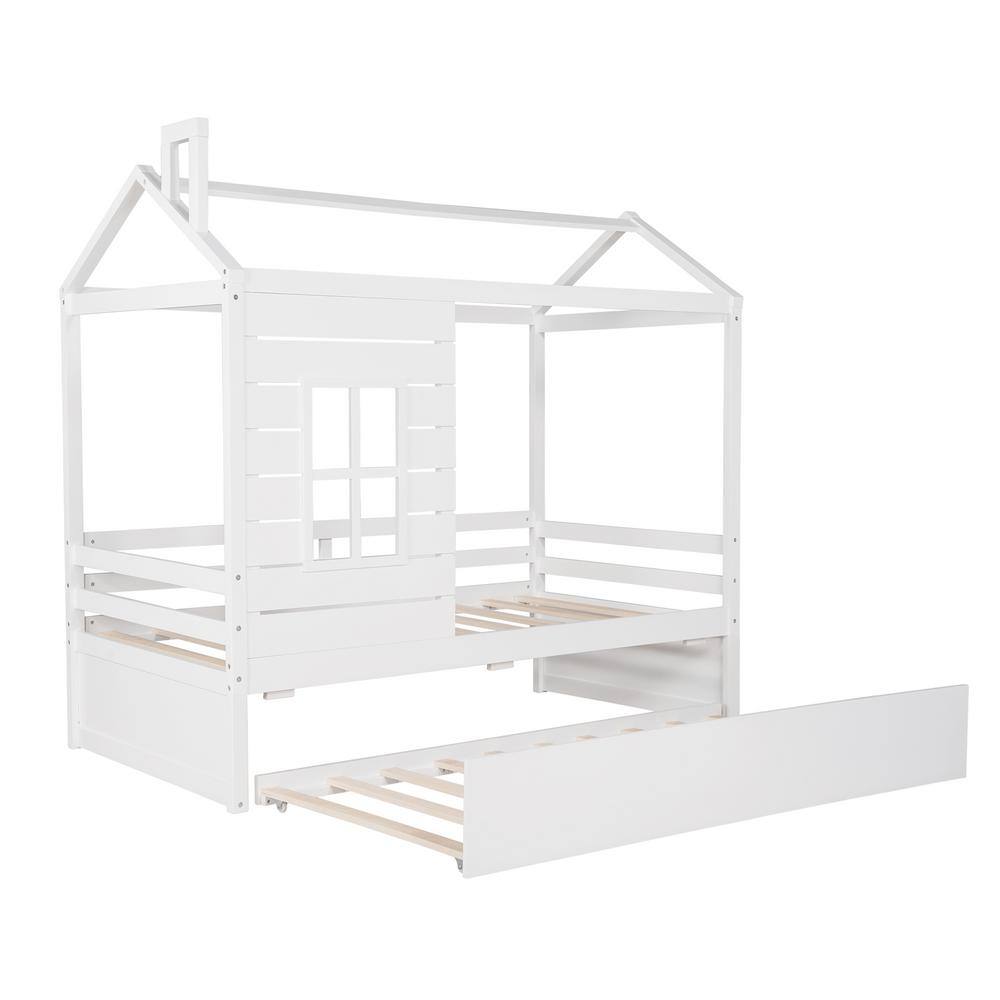 Harper & Bright Designs White Twin Wood House Bed with Trundle