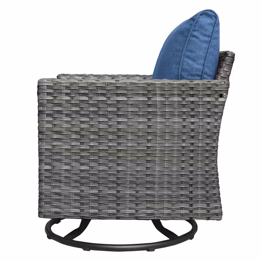 XIZZI Megon Holly Gray 3-Piece Wicker Patio Conversation Seating Sofa Set with Denim Blue Cushions and Swivel Rocking Chairs