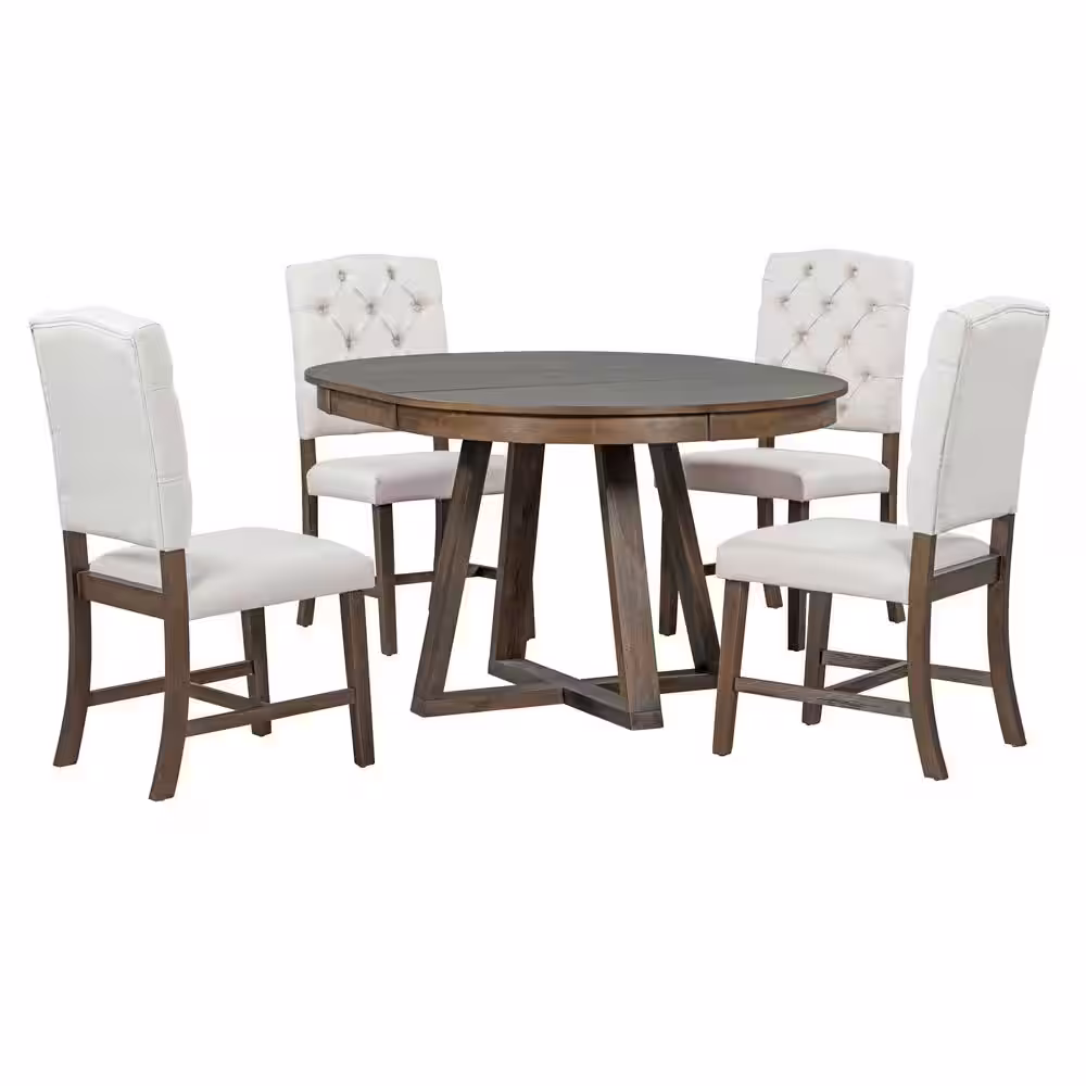 Harper & Bright Designs Retro 5-Piece Walnut Round Wood Dining Set with a 16 in. W Leaf and 4-Botton Tufted Upholstered Chairs
