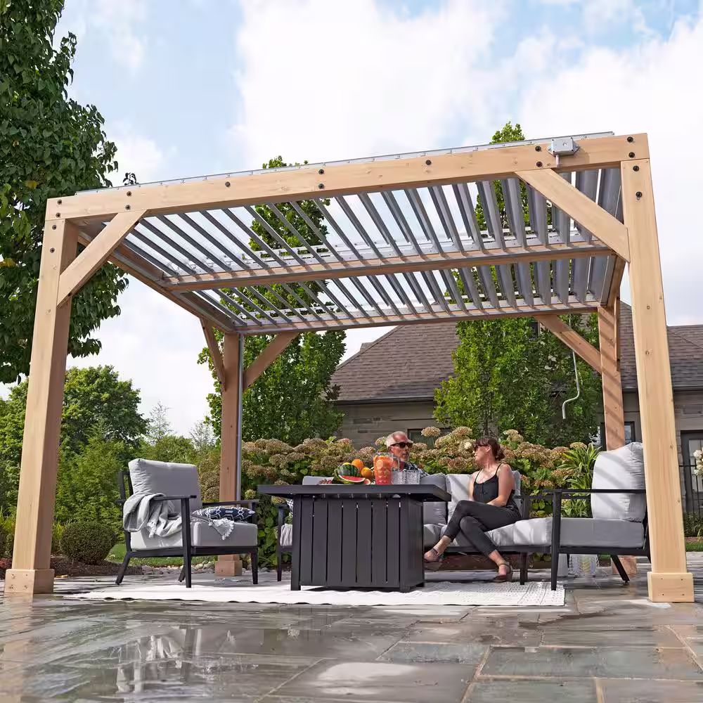 Yardistry Meridian 10 ft. x 12 ft. Premium Cedar Patio Shade Pergola with Gray Louvered Roof Panels and Built-In Gutter System