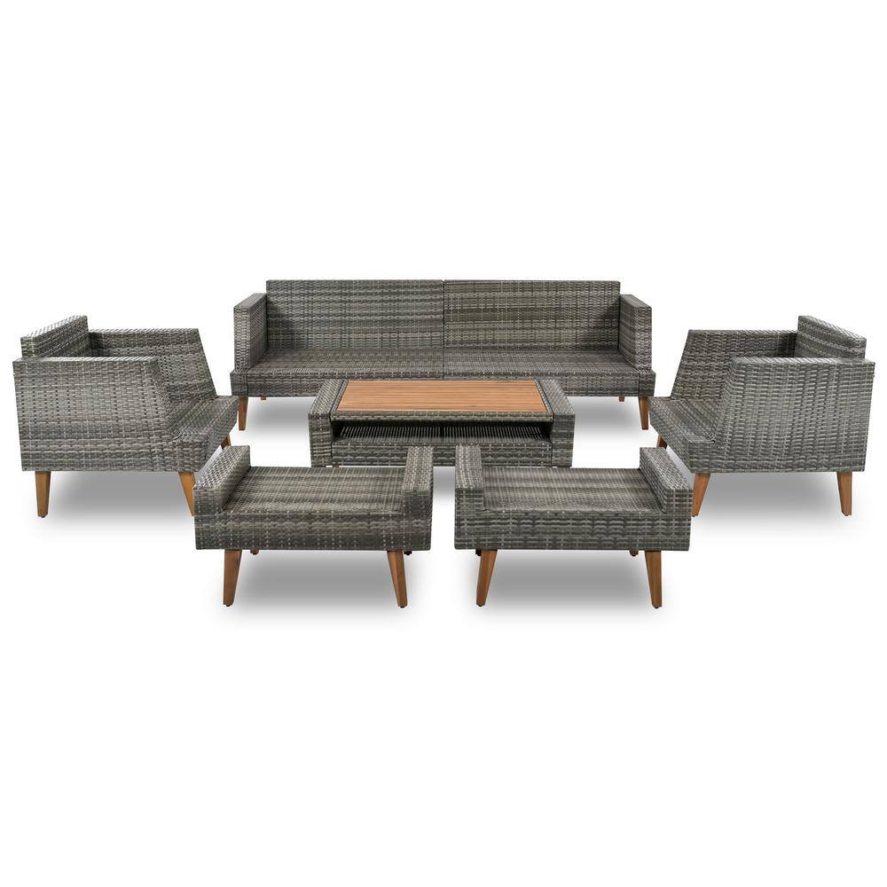 None Gray 6-Piece Wicker Patio Conversation Set with White Cushion and Ottoman