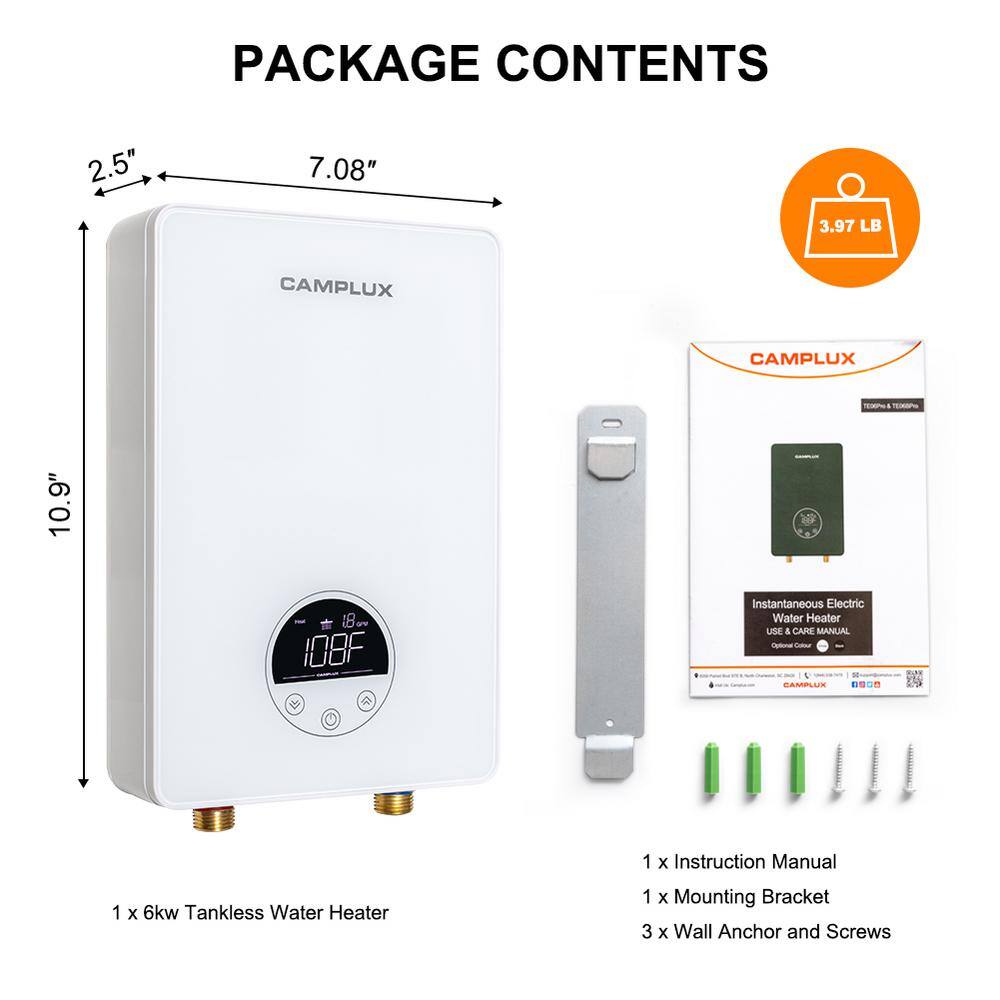 CAMPLUX ENJOY OUTDOOR LIFE Camplux Tankless Water Heater Electric 6kW at 240V, Instant Water Heater Under Sink Self Modulating Technology, White