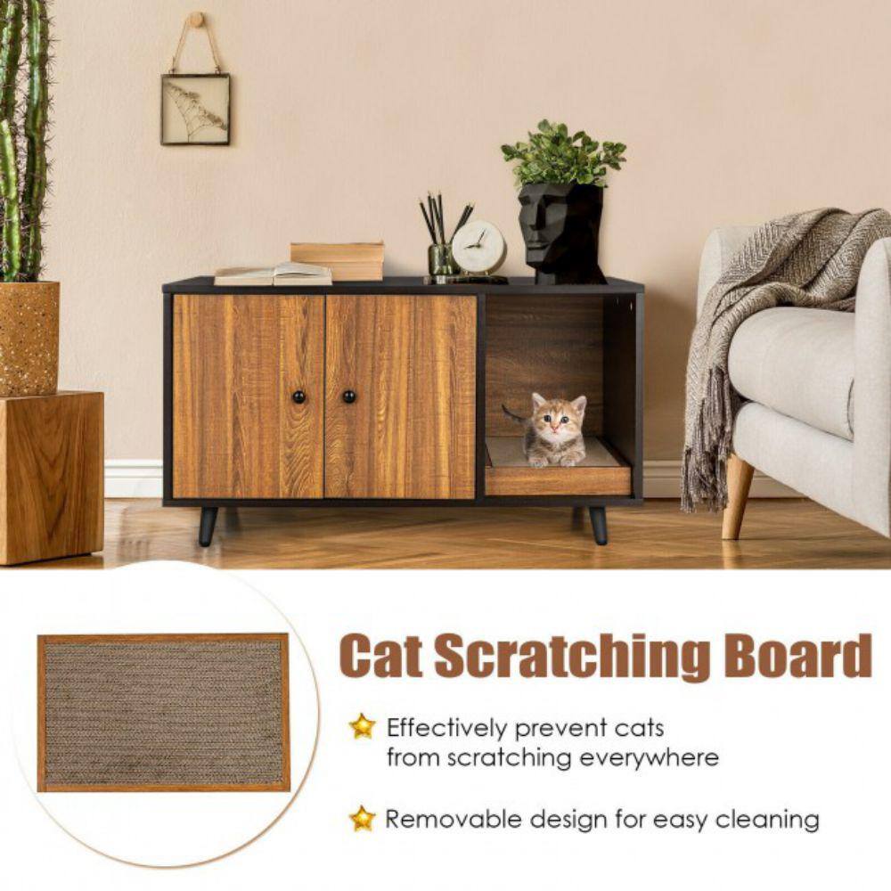 ANGELES HOME Walnut Black 35.5 in. x 20 in. MDF Cat Litter Box Enclosure