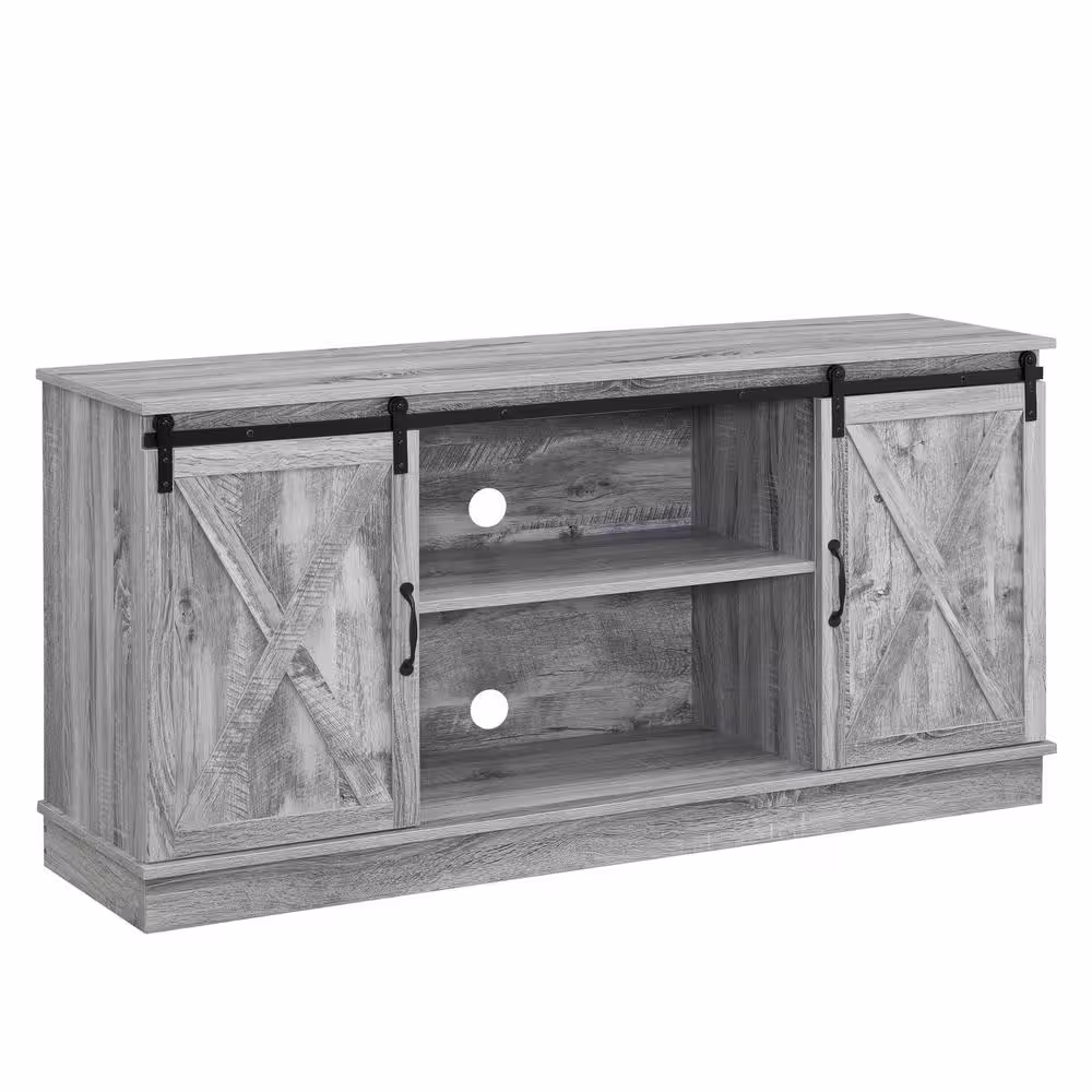 HOMESTOCK 58 in. Gray Farmhouse TV Stand, Rustic Wooden 60 in. TV Console Cabinet with Sliding Barn Doors Entertainment Center