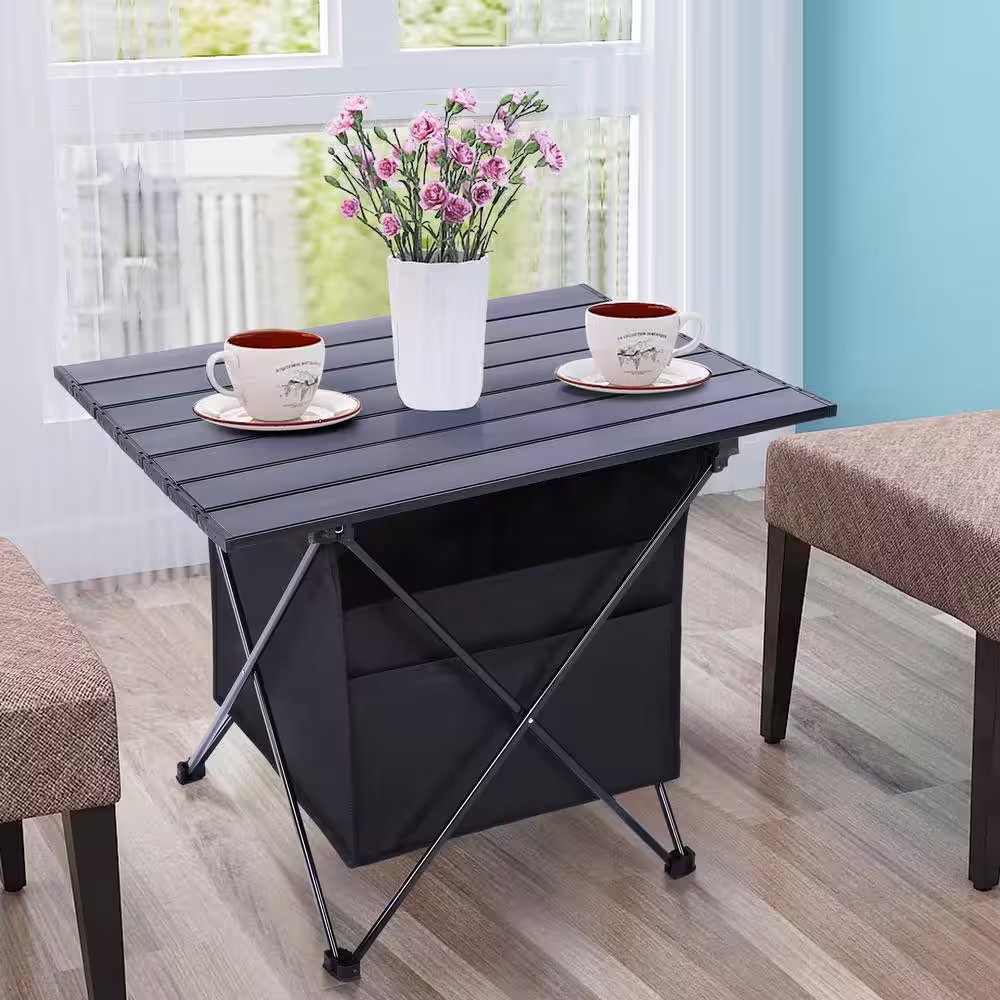 Sudzendf 22 in. Black Rectangle Aluminum Alloy Picnic Table Seats 4 People with High-Capacity Storage and Carry Bag