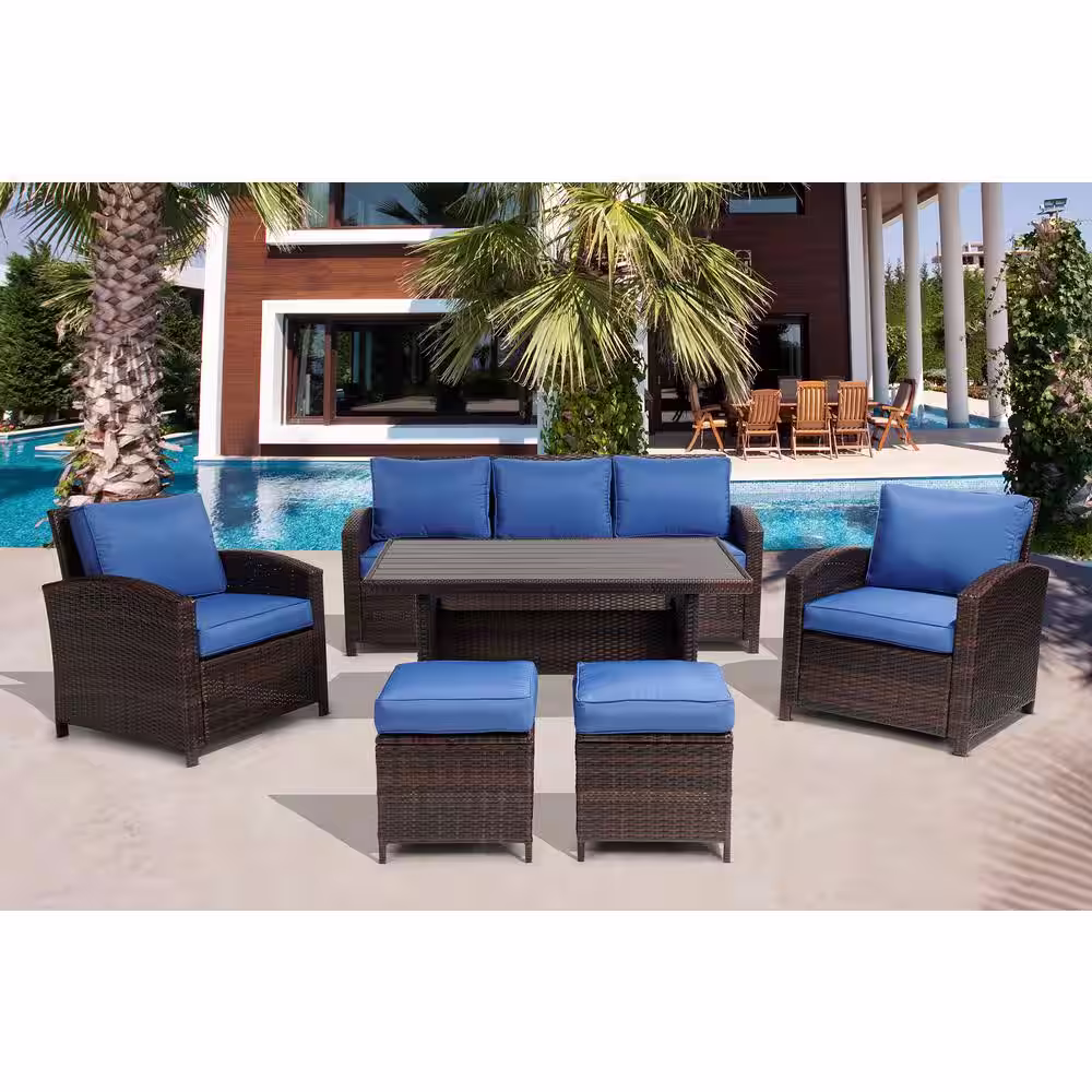 None 6-Piece Wicker Patio Conversation Set with Blue Cushions and Ottomans