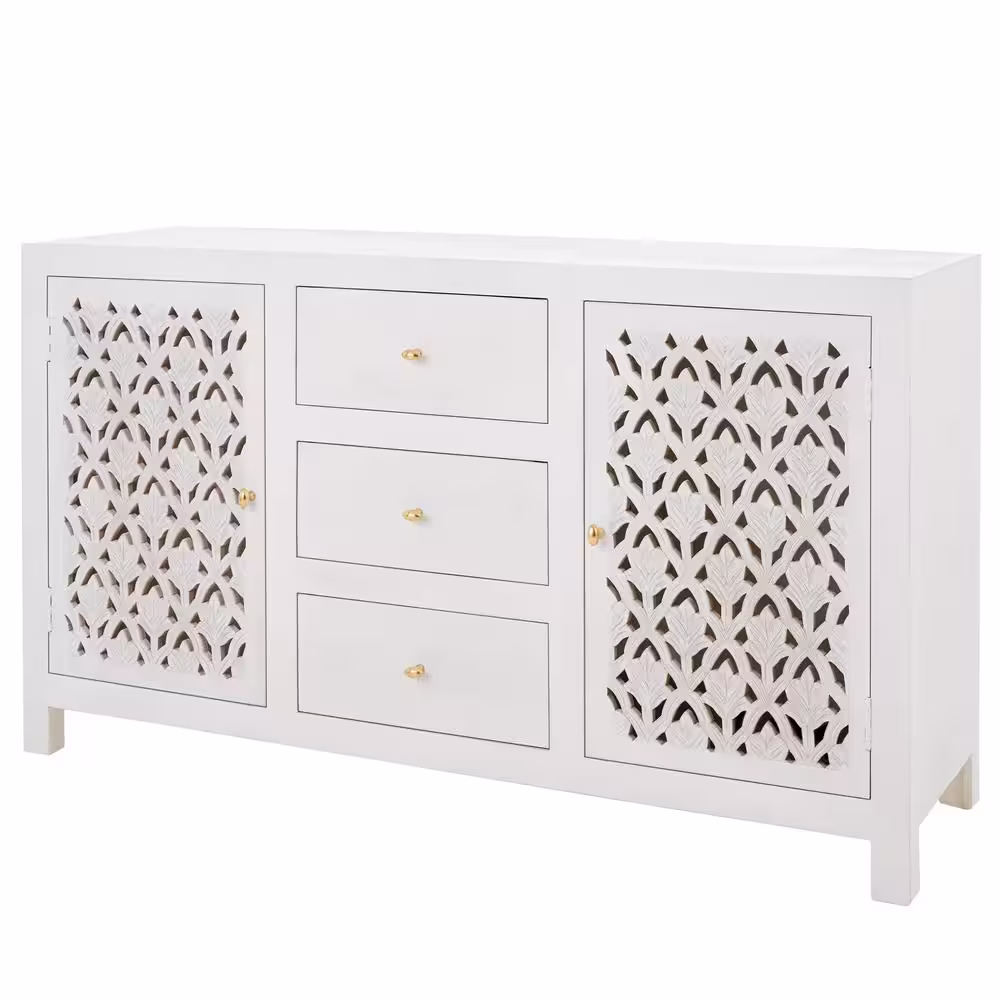 Home Decorators Collection Hallie Carved Double Door 3-Drawer Whitewash Dresser (36 in. H x 63 in. W x 19 in. D)