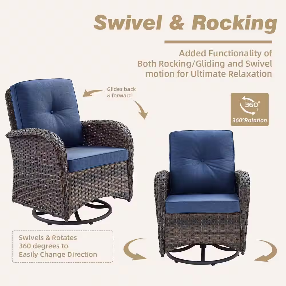 Pocassy Brown 3-Piece Wicker Patio Conversation Set with Blue Cushions and Coffee Table All-Weather Swivel Rocking Chairs