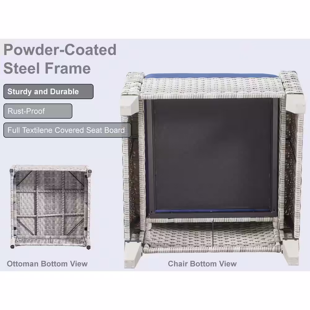 Gymojoy Canton Off White 5-Pieces Wicker Patio Conversation Set with Blue Cushions