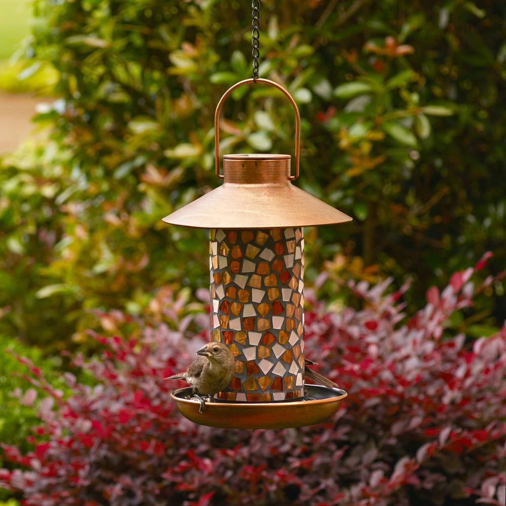 Smart Solar Adelie Mosaic Glass and Distressed Copper Bird Feeder with Integrated LED Solar Powered Light