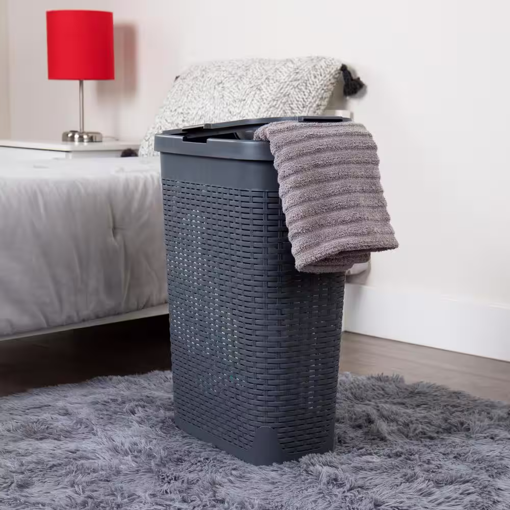 Mind Reader Basket Collection, Slim Laundry Hamper, 40 Liter Cut Out Handles, Attached Hinged Lid, Ventilated, Set of 2, Gray