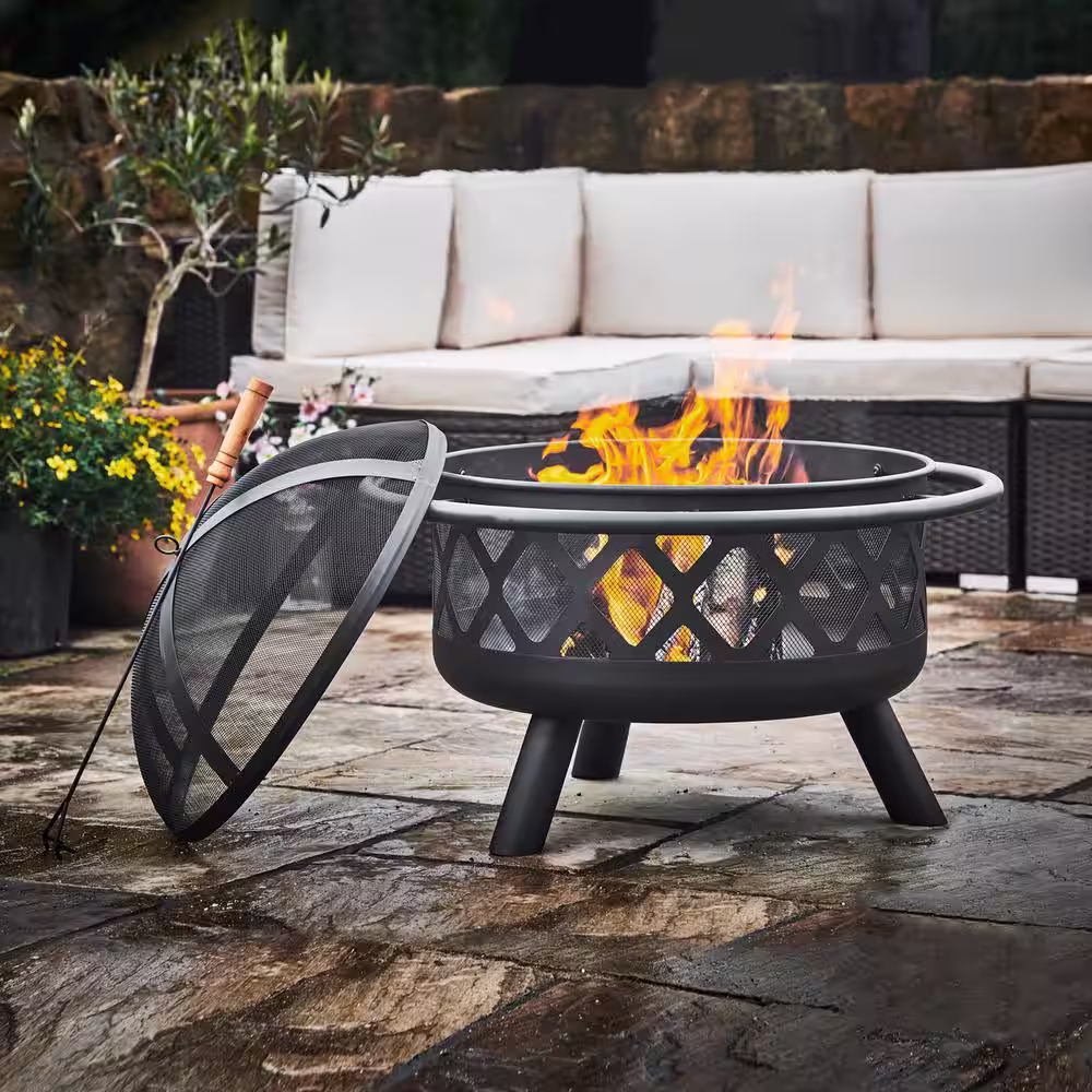 Teamson Home 30 in. x 24 in. Round Steel Wood Burning Outdoor Fire Pit in Black