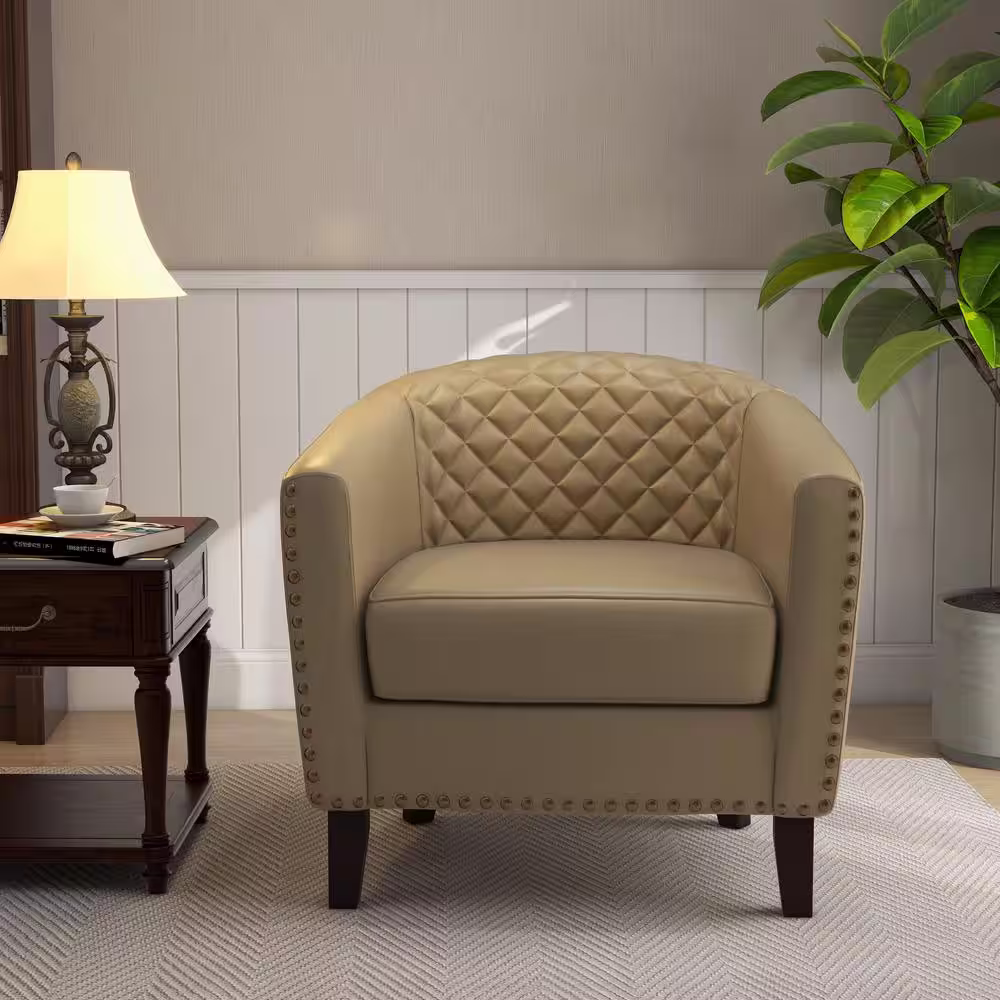 None Modern Beige Solid Wood Legs PU Leather Upholstered Accent Barrel Chair With Nailhead Trim