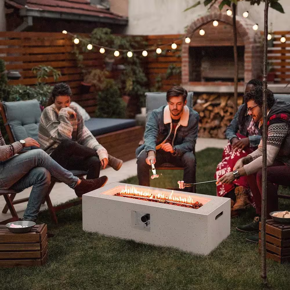 Costway 42 in. Rectangle Terrazzo Metal Outdoor Fire Pit Table 50,000 BTU Propane Fire Pit with PVC Cover