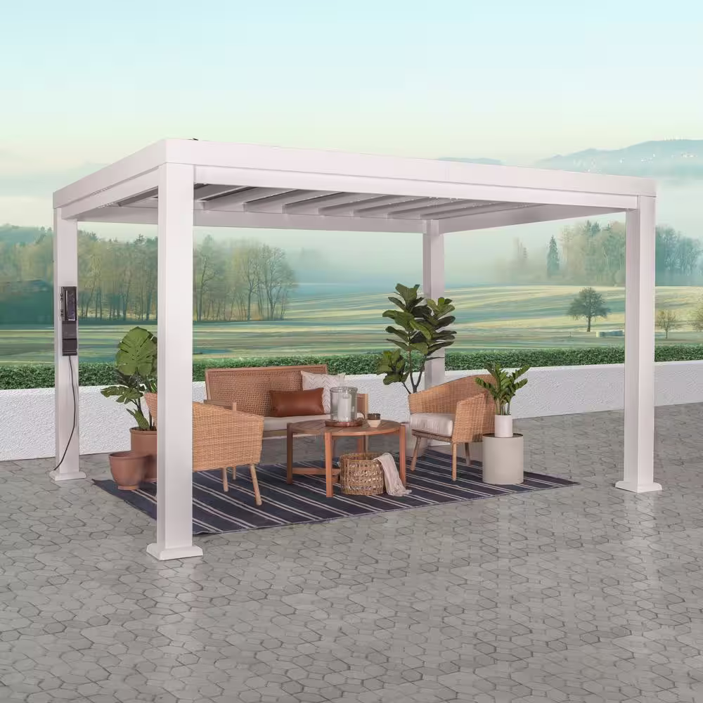Backyard Discovery Windham 14 ft. x 10 ft. White Steel Modern Pergola with Sail Shade Soft Canopy