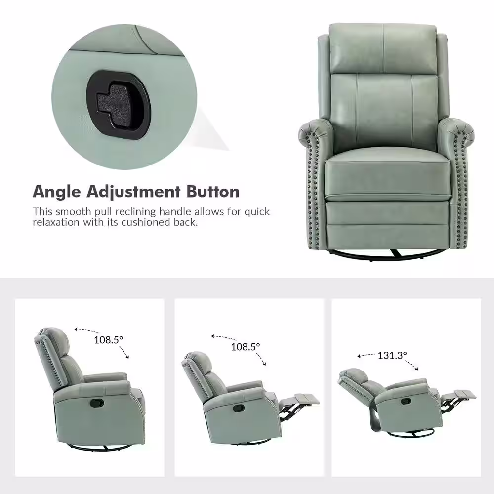 JAYDEN CREATION Sonia Transitional Sage 30.5'' Wide Genuine Leather 5-Position Manual Rocking Recliner with Metal Base and Rolled Arms