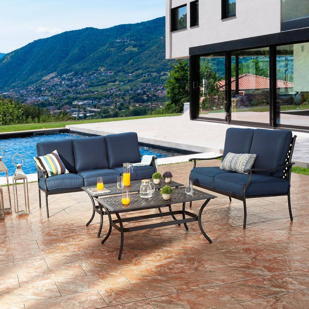 Patio Festival 4-Piece Metal Patio Conversation Set with Blue Cushions