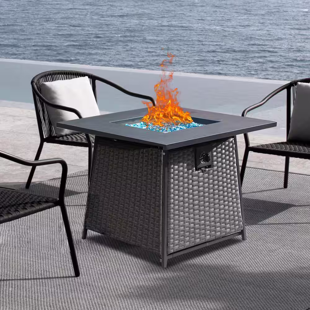 SUNRINX Dark Gray Square Metal 32 in. Propane Fire Pit Table with Blue Glass Ball and ETL-Certified