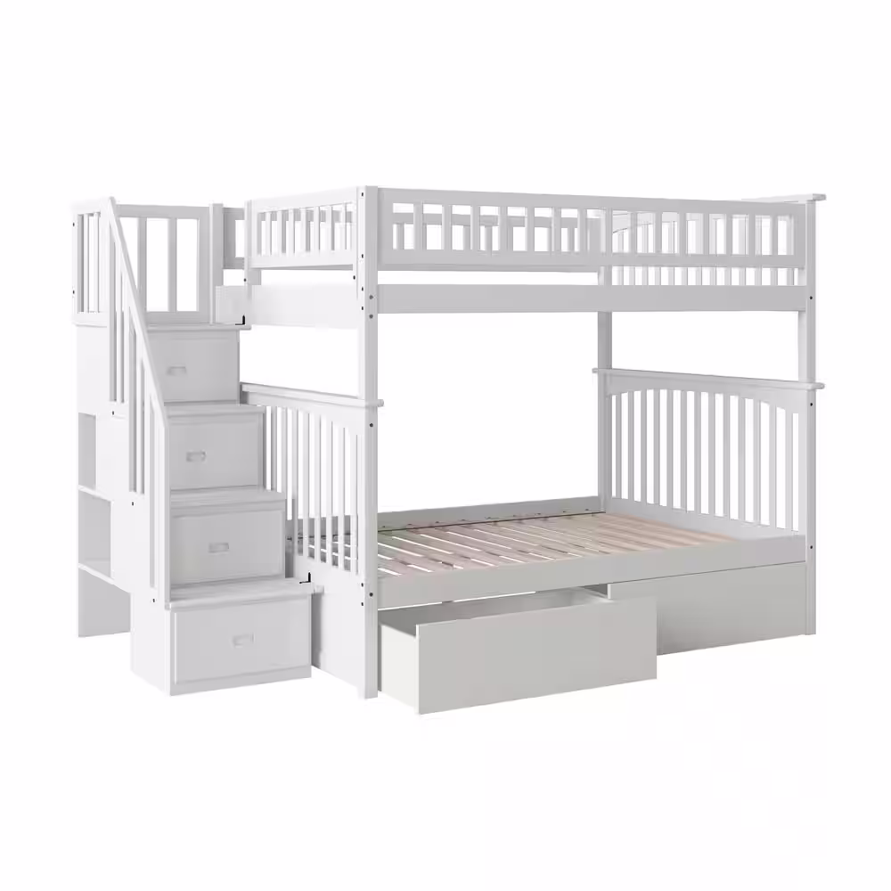AFI Columbia Staircase White Full Over Full Bunk Bed with 2-Urban Bed Drawers