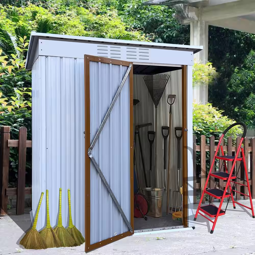 None 5 ft. W x 3 ft. D White Plus Yellow Metal Shed Outdoor Storage w/Single Door & Vent (15 sq. ft.) for Garden and Backyard