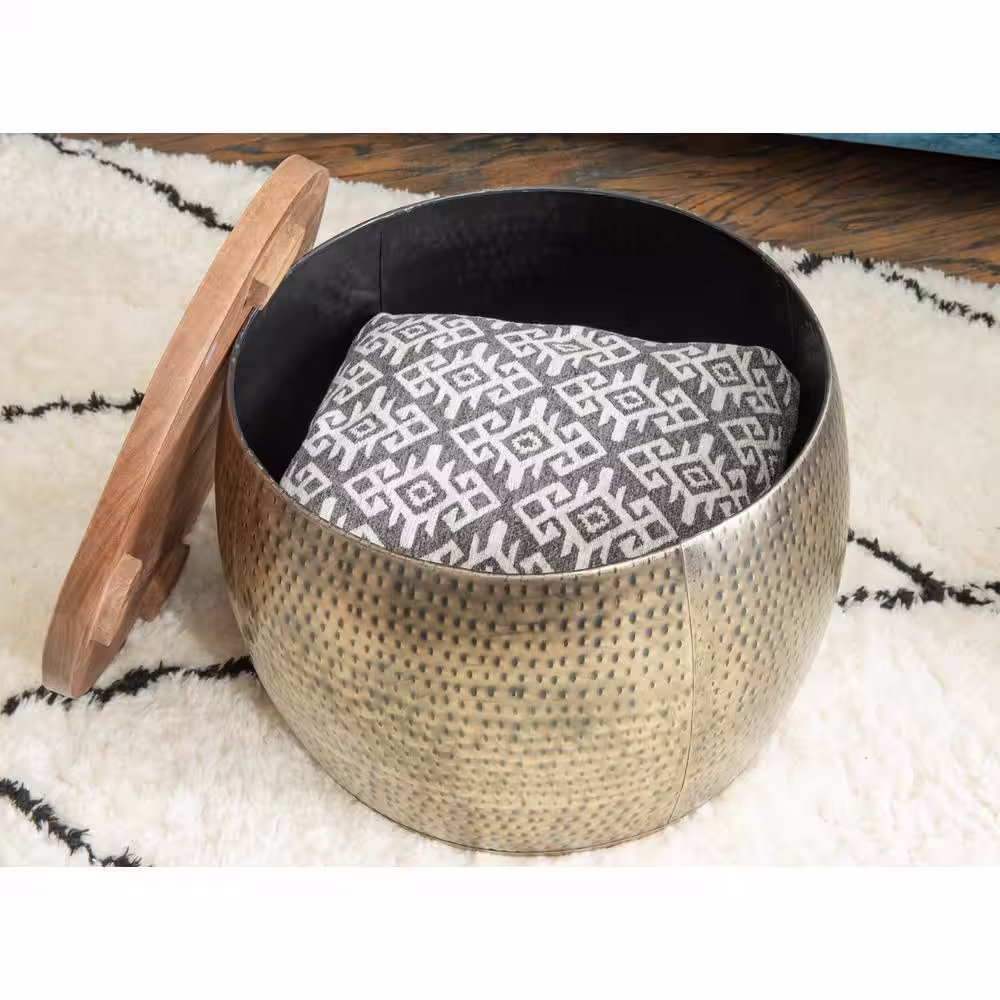 Powell Company Wagner 25 in. Brown/Gold Medium Round Wood Coffee Table with Lift Top