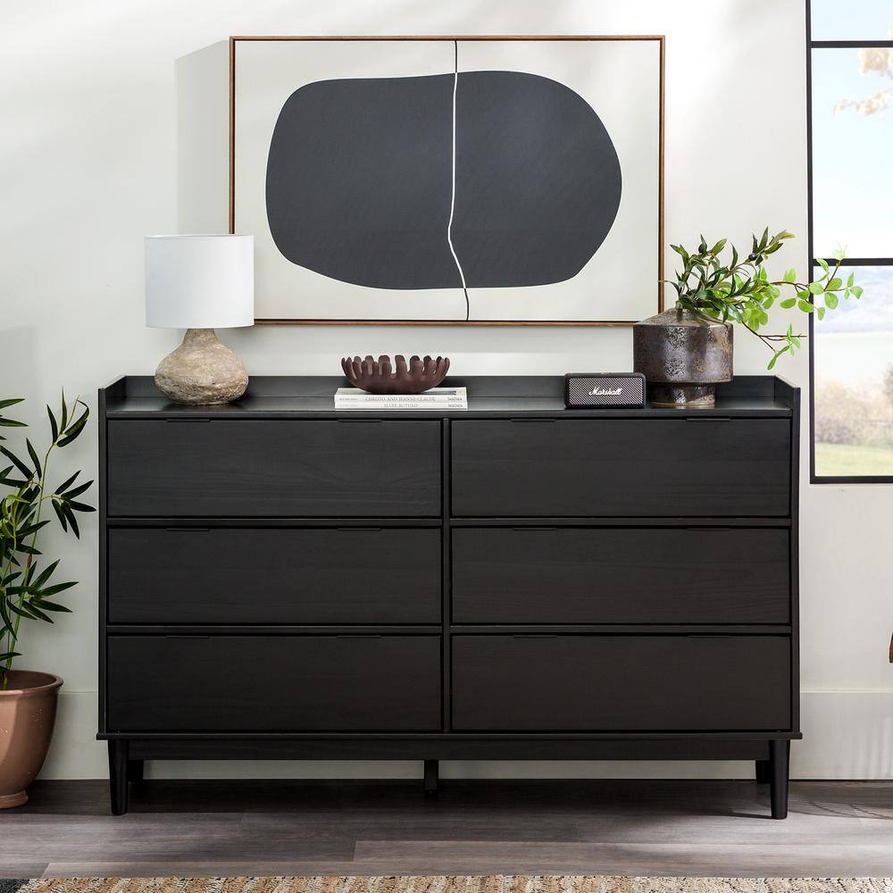 Welwick Designs 6-Drawer Black Solid Wood Mid-Century Modern Gallery-Top Dresser (33.75 in. H x 55.25 in. x 16 in. D)
