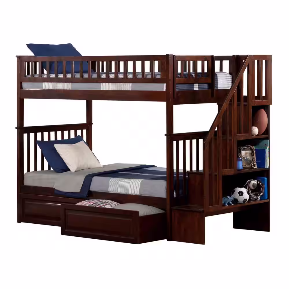 AFI Woodland Staircase Bunk Bed Twin over Twin with 2 Raised Panel Bed Drawers in Walnut