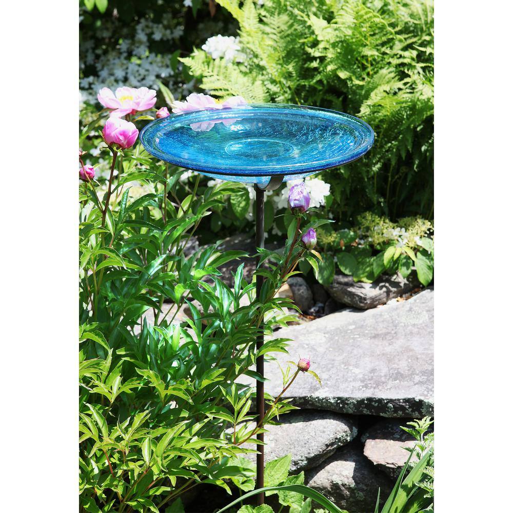 Achla Designs 14 in. Dia Teal Blue Reflective Crackle Glass Birdbath Bowl with Stake