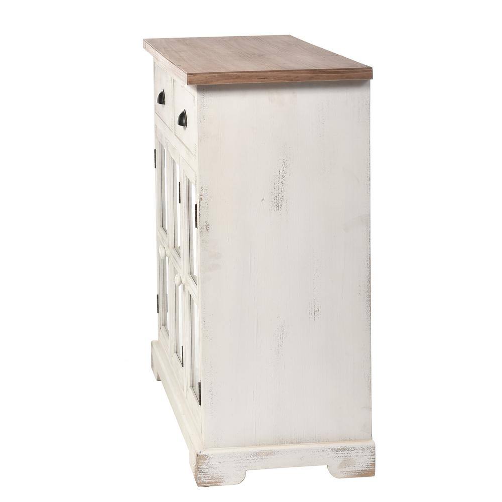 StyleCraft Antique White and Natural Wood Shabby Chic 3-Door 2-Drawer Window Pane Cabinet