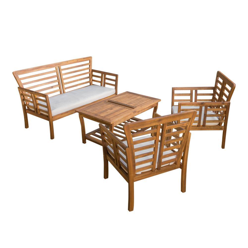 Noble House Caydon Brown 4-Piece Wood Patio Conversation Set with Beige Cushions