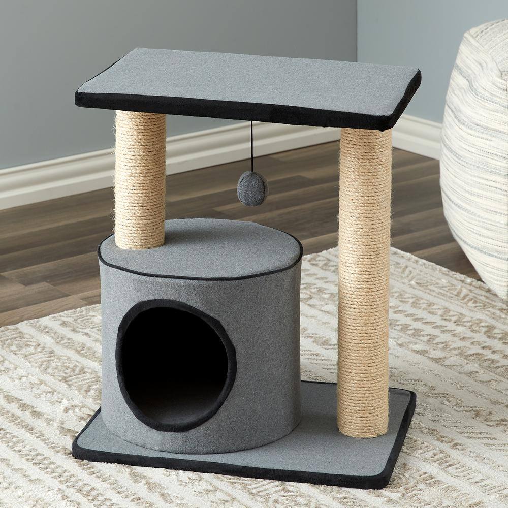 None 20.9 in. Gray Cherry Cat Tree Felt with Condo