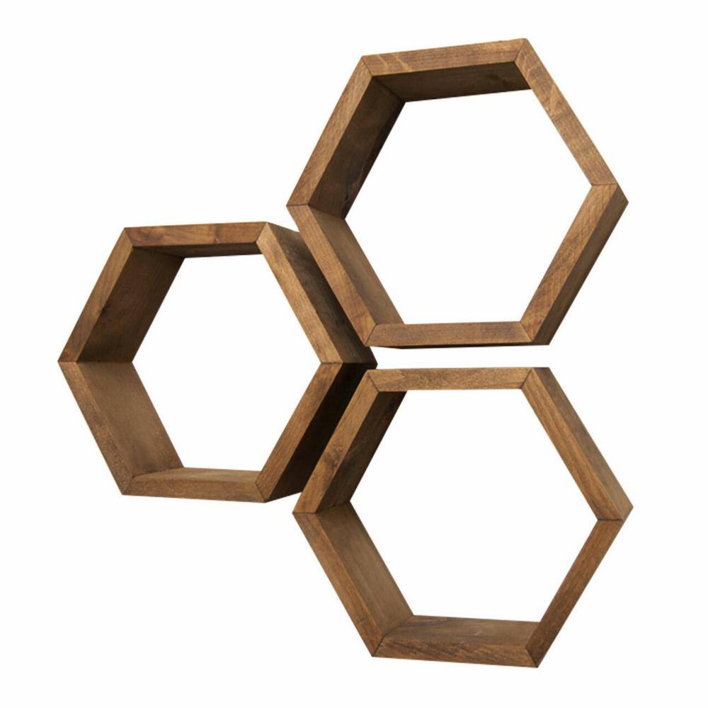 TRINITY Hexagon 4 in. x 11.75 in. x 10.13 in. Walnut Floating Wall Shelves 3-Pack