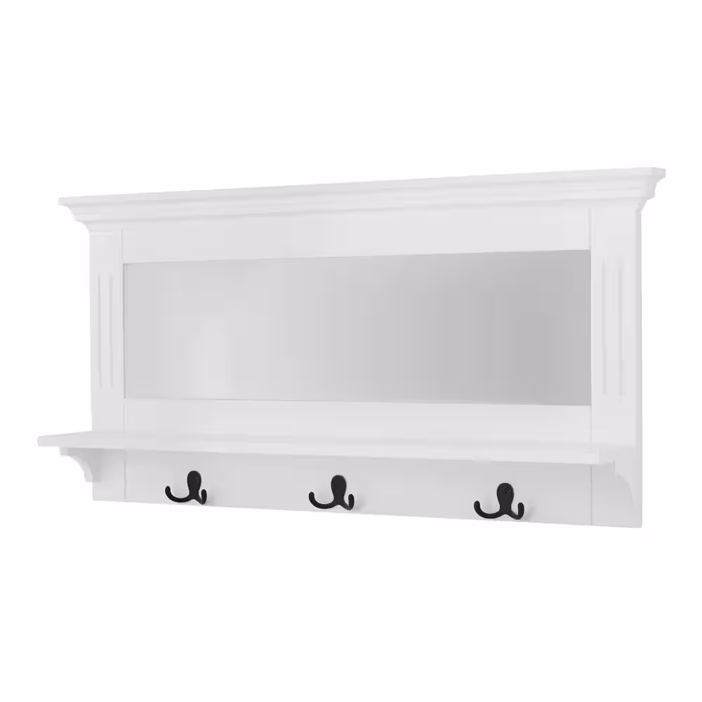 StyleWell 18 in. H x 36 in. W x 6.1 in. D White Wood Floating Decorative Wall Shelf with Mirror and Hooks