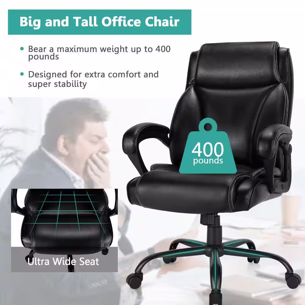 Costway Black 400 lbs. Big and Tall Leather Office Chair Adjustable High Back Task Chair