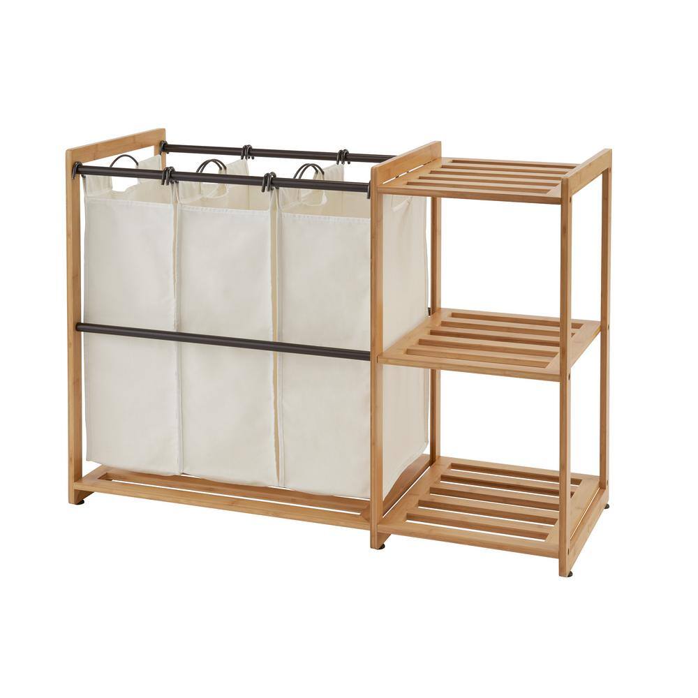 TRINITY 3-Bag Bamboo Laundry Station with Bronze Poles