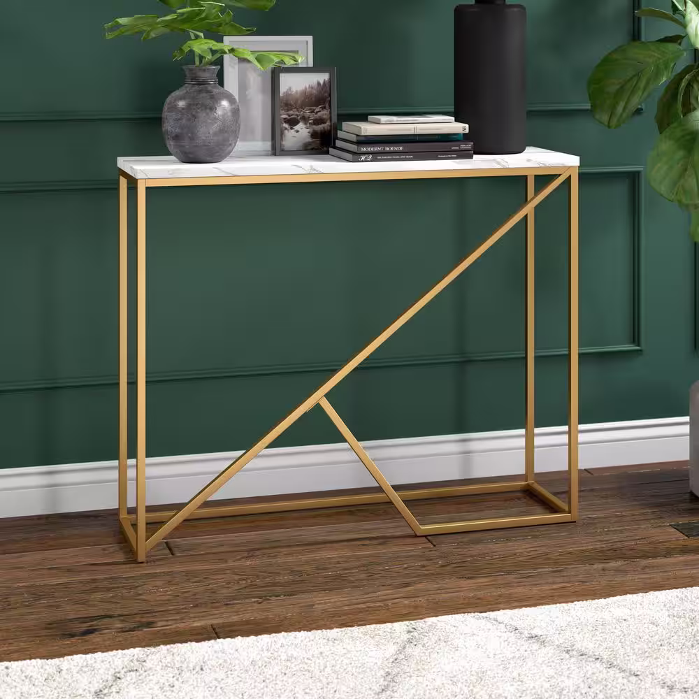 None Stella 36 in. Brass Faux Marble Console Table