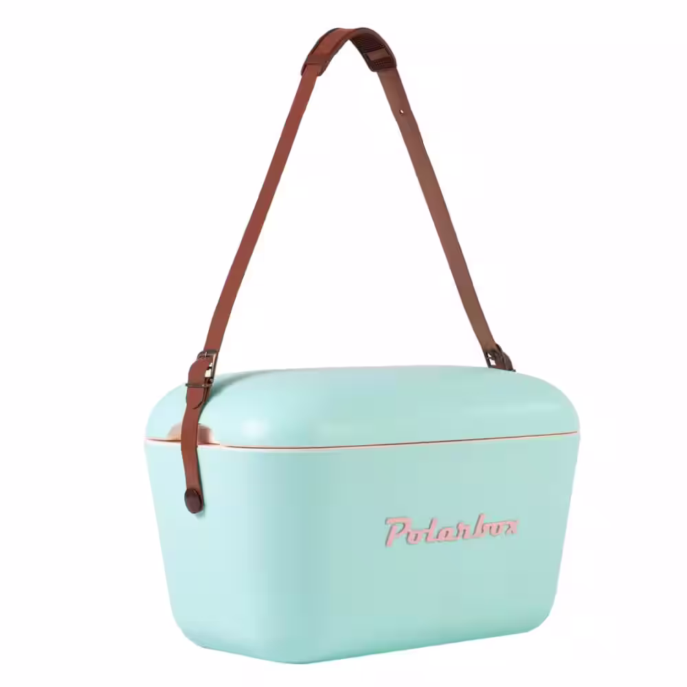 Polarbox 21 Qt. Classic Retro Vintage Style Cooler with Leather Strap in Cyan - Baby Rose