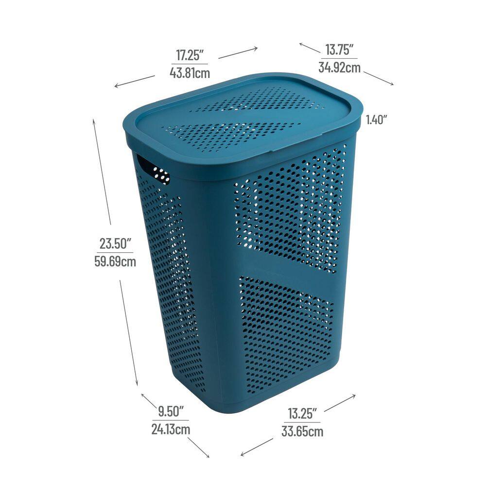Mind Reader Basket Collection Laundry Hamper, 60 Liter (15kg/33lbs) Capacity, Cut Out Handles, Attached Hinged Lid, Set of 2, Blue