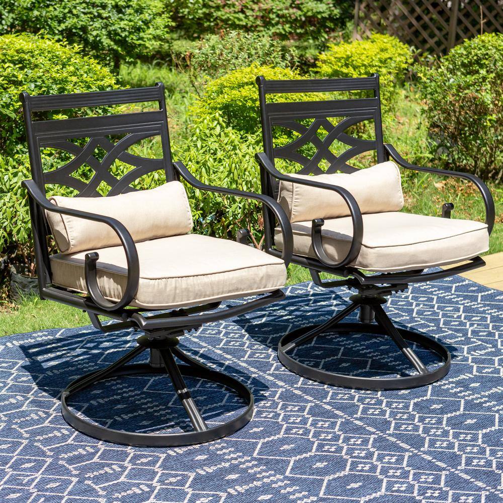 None 7-Piece Metal Outdoor Dining Set with Beige Cushions and Steel Rectangle Dining Table
