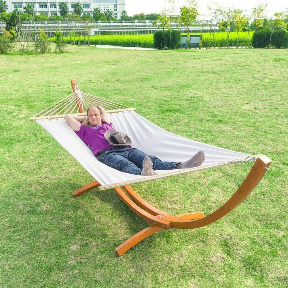 None 10.5 ft. Wooden Hammock Stand with Beige Double Hammock in Yellow Amber